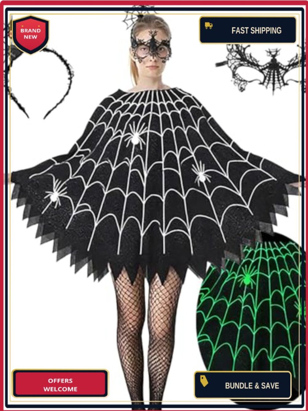 Spider Web Poncho Halloween Costume Set Mask Headband Socks Women Cosplay
